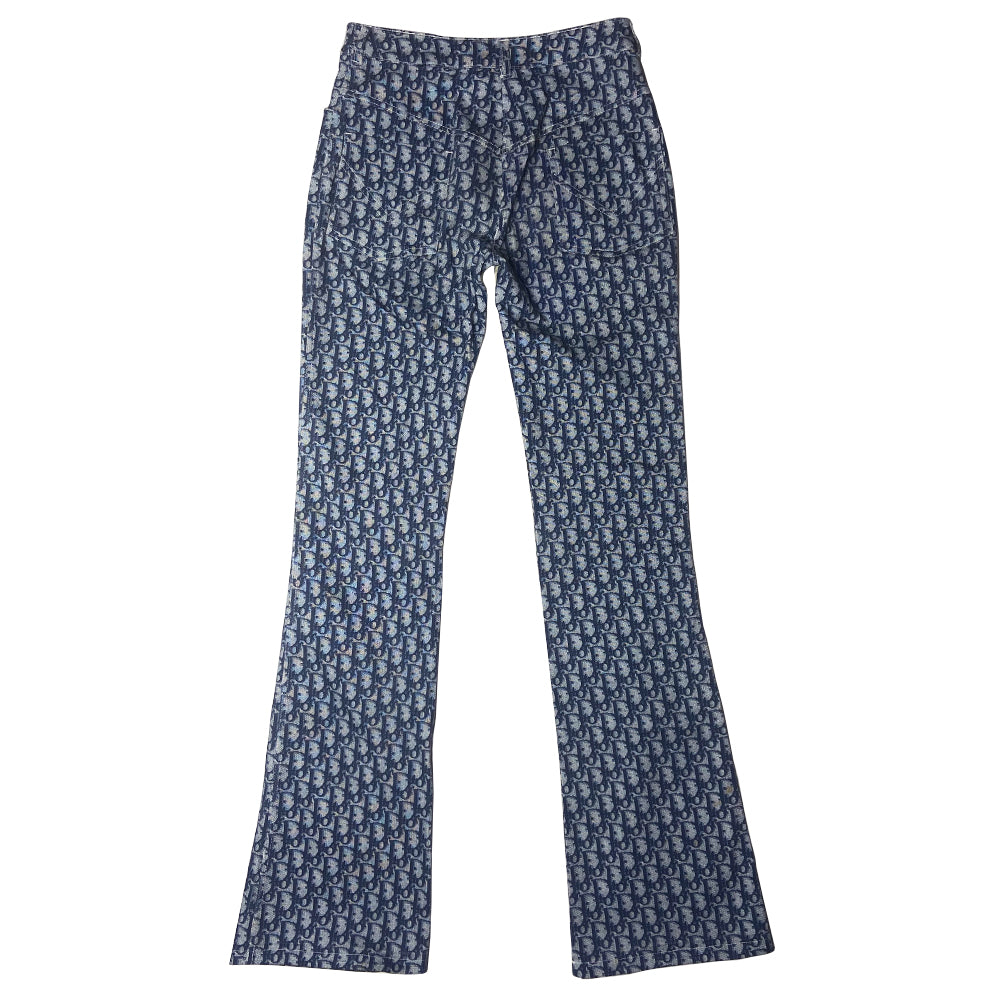 Christian Dior navy monogram 5 pocket flare pants John Galliano for Dior, spring 2002 with silver-tone logo top button, bottom flare Double white stripe accent along inner leg seams. Made in Portugal