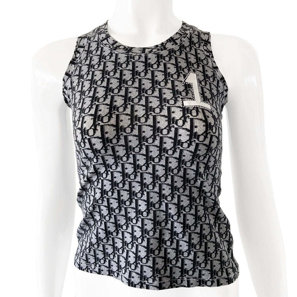 Christian Dior Diorissimo Crystal No. 1 tank from John Galliano era, circa 2002 with racer back, all over monogram print and No 1 appliqué surrounded by crystals at chest. Slight cracking on the No 1 appliqué. Color: Black/Grey Size: FR 38 / USA 6