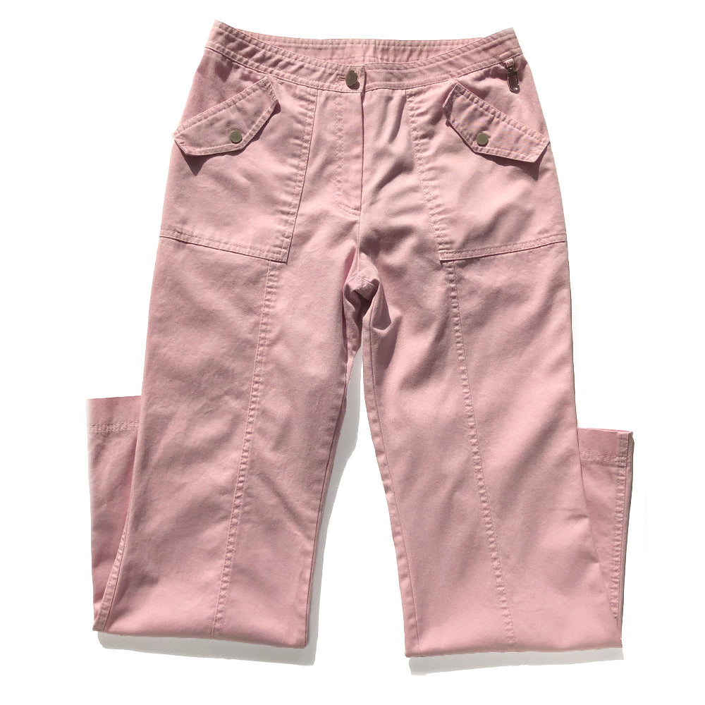 Christian Dior Pink Cargo Pants with hiigh waist flared leg and 4 pocket cargo style trousers with cargo pockets in front and back, silver-tone metal engraved Christian Dior CD buttons, front zip closure. Silver-tone engraved metal clip for keys at front waistband