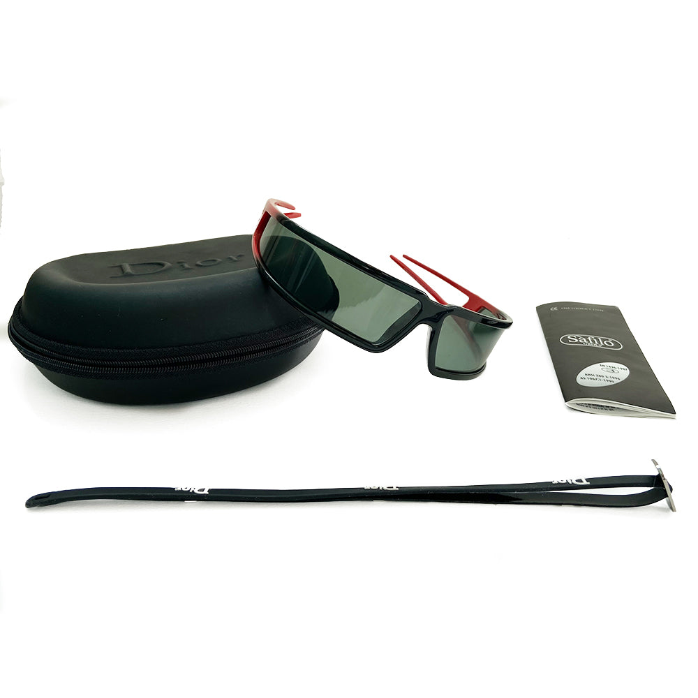 Christian Dior Bandage Runway Sunglasses From John Galliano Fall 2003 Ready to Wear Runway Collection with no Scratches on lens. Wrap around frame and lens with double banded arms. Color: Black lenses, black frame with red arms. Made in Italy. Side "DIOR” stamped logo. Includes Information booklet, case & branded neck strap included