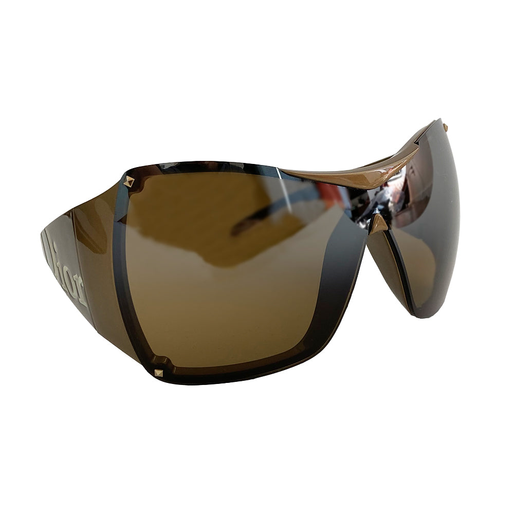 Christian Dior Overshine 1 sunglasses circa early to mid 2000’s. Excellent condition, no scratching on lenses. Oversized solid brown tint lenses, squared rims, gold colored frame with wide arms and Dior name embossed in white on each arm. Style: N6SKB 110 Case and cleaning cloth included. Case shows signs of wear