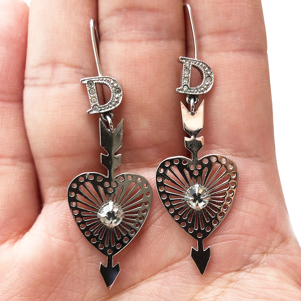 Dior Heart and Arrow Silver with Crystal D Drop Earrings