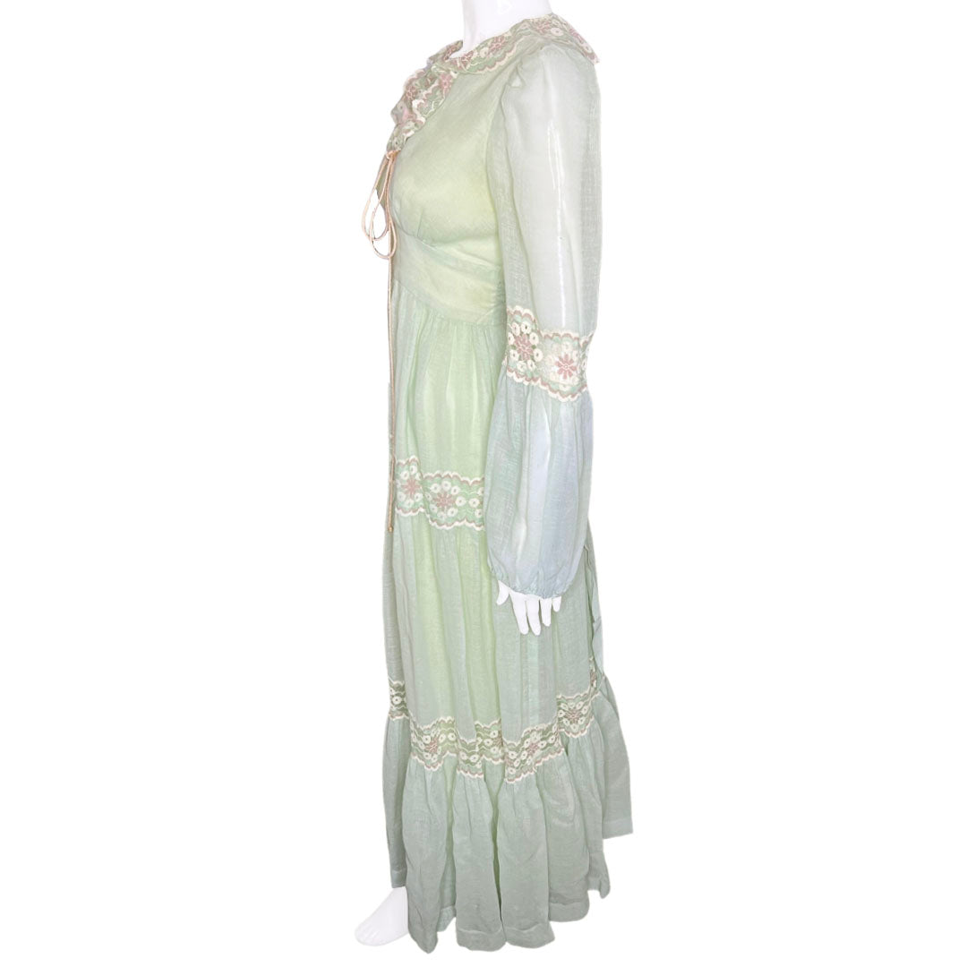 1970's Gunne Sax Renaissance Style Mint Lace Maxi Dress