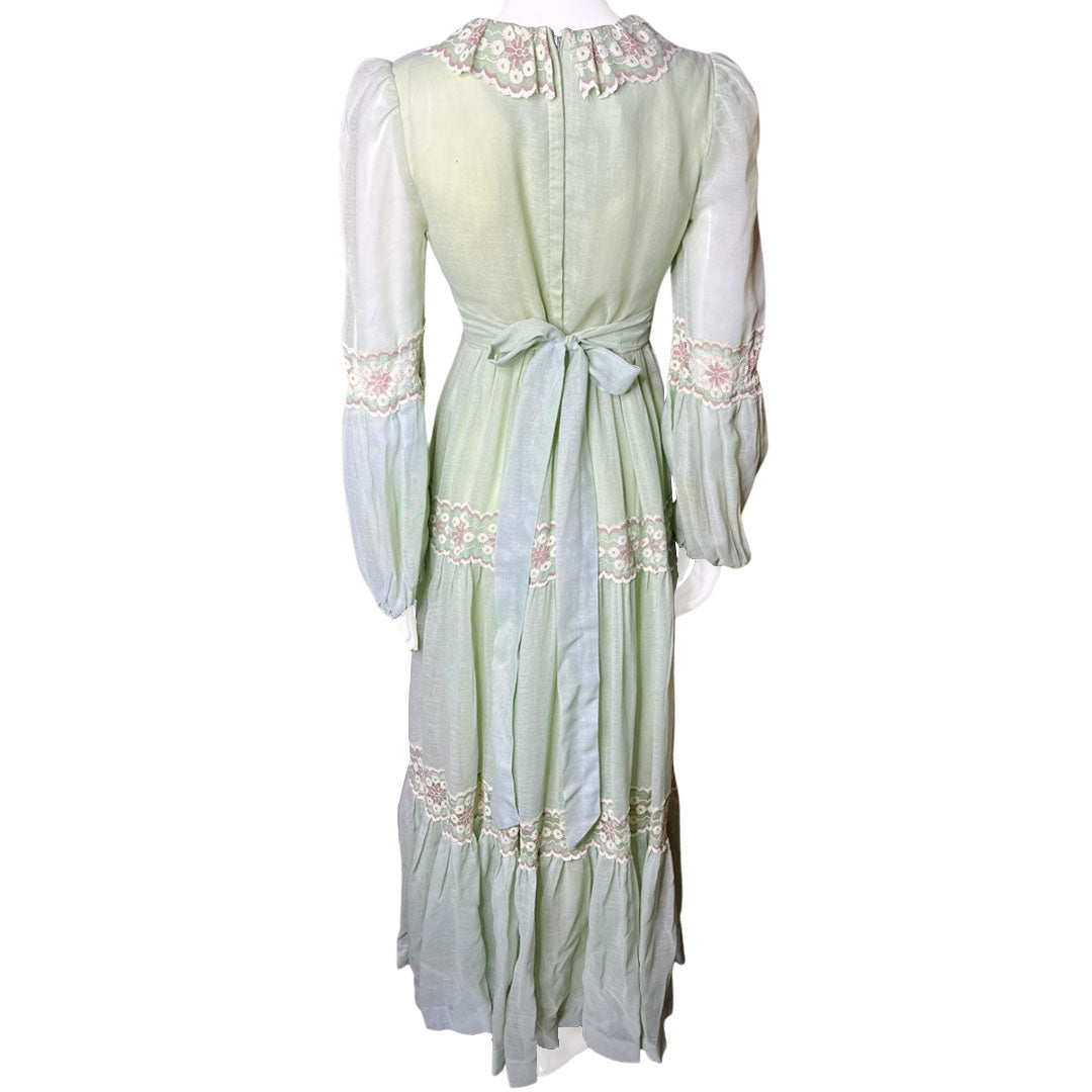 1970's Gunne Sax Renaissance Style Mint Lace Maxi Dress