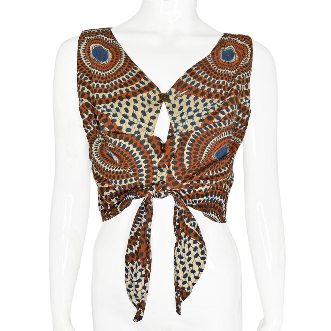 1970's Circle Dot Cutout Printed Crop Tie Shirt - S/M