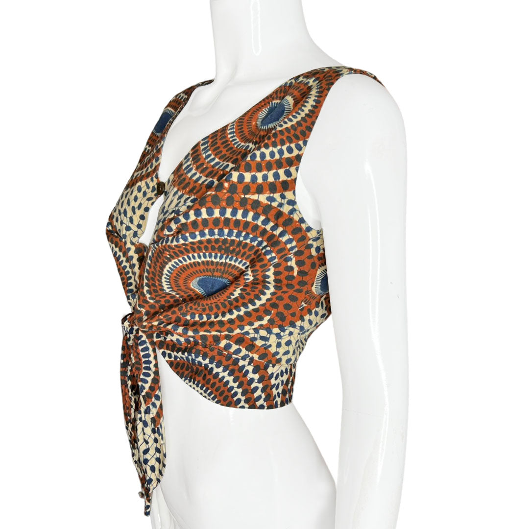 1970's Circle Dot Cutout Printed Crop Tie Shirt - S/M