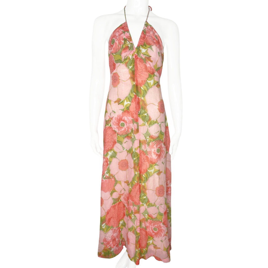 1970s Pink Floral Halter Dress - S