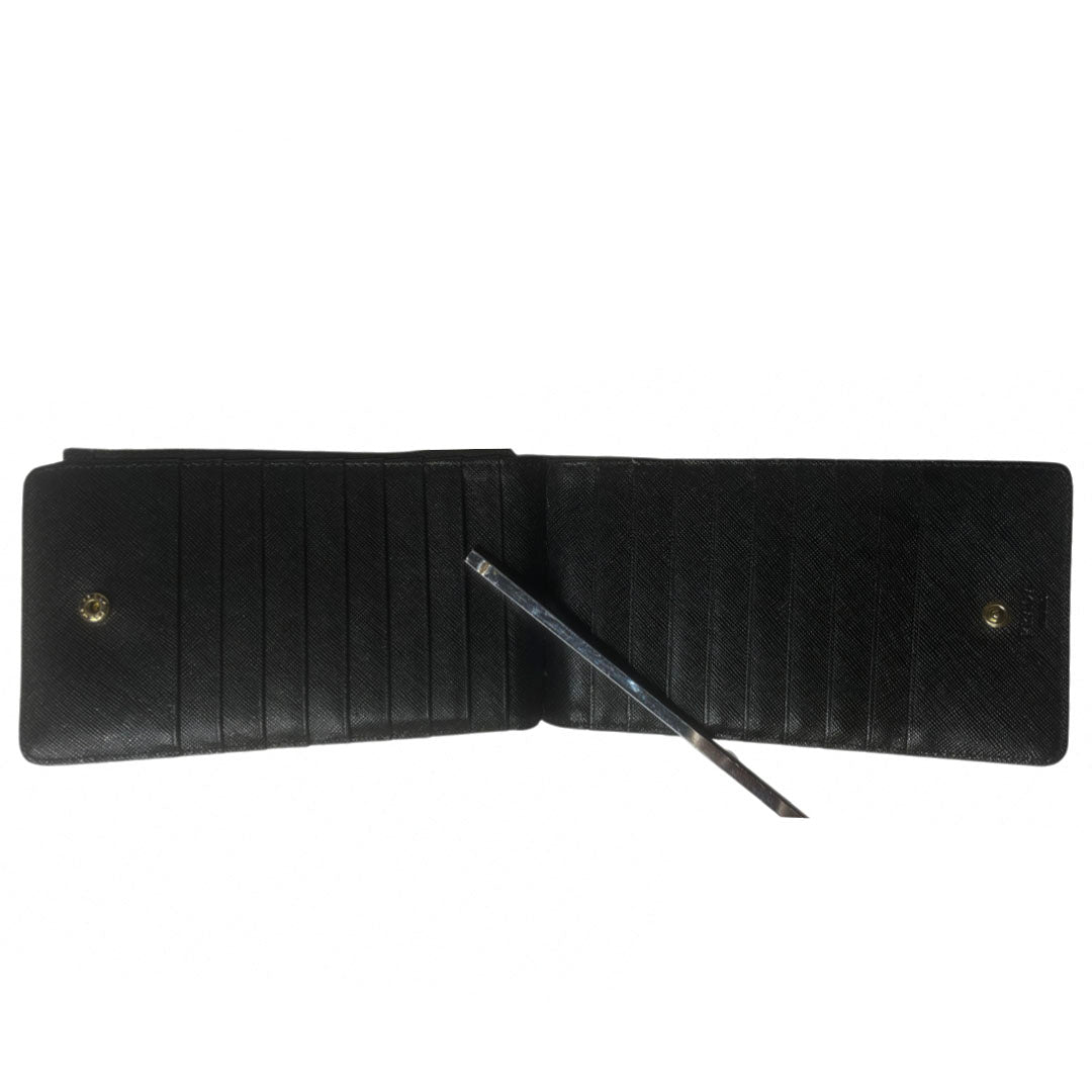 Prada Black Folding Zip Triangle Logo Plate Saffiano Leather Wallet