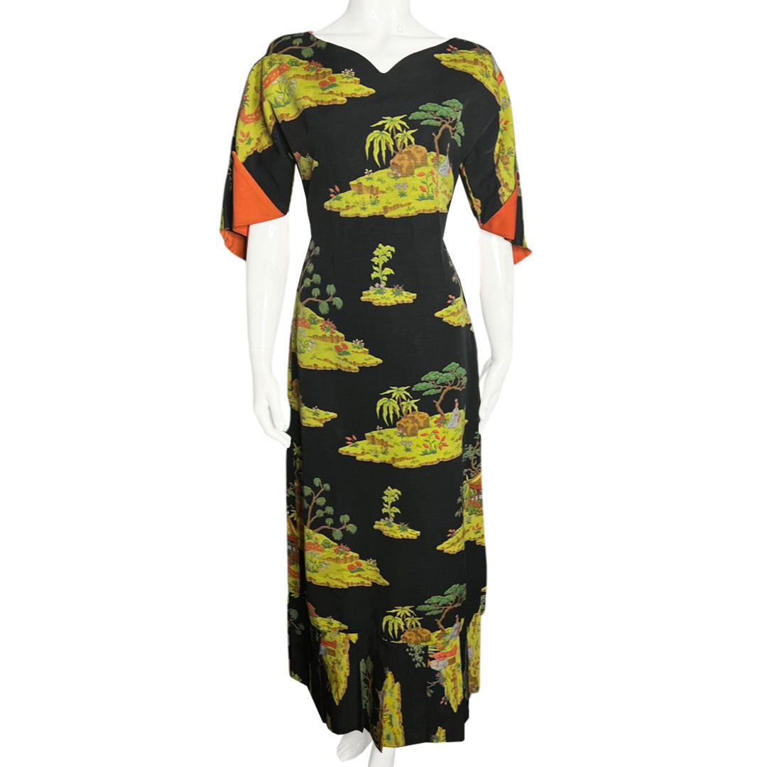 1940's Asian Garden Hawaiian 3/4 Sleeve Dress