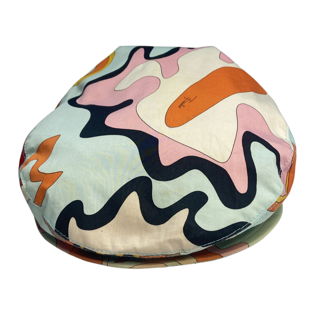 Pucci multicolor printed cotton cap in pink, white, powder blue, orange, black, burgundy with yellow grosgrain interior ribbon and yellow lining. Made in Italy