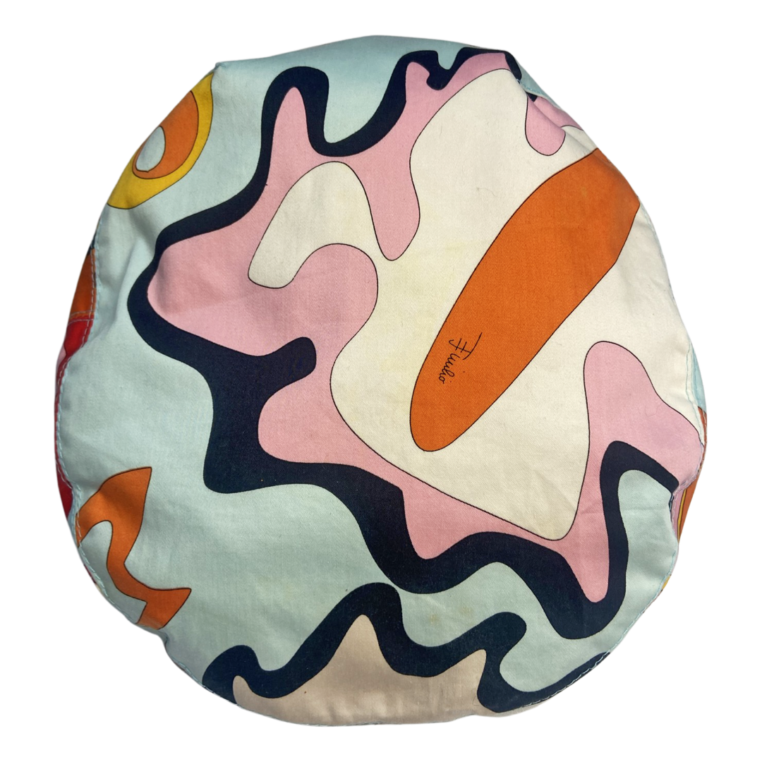 Pucci multicolor printed cotton cap in pink, white, powder blue, orange, black, burgundy with yellow grosgrain interior ribbon and yellow lining. Made in Italy