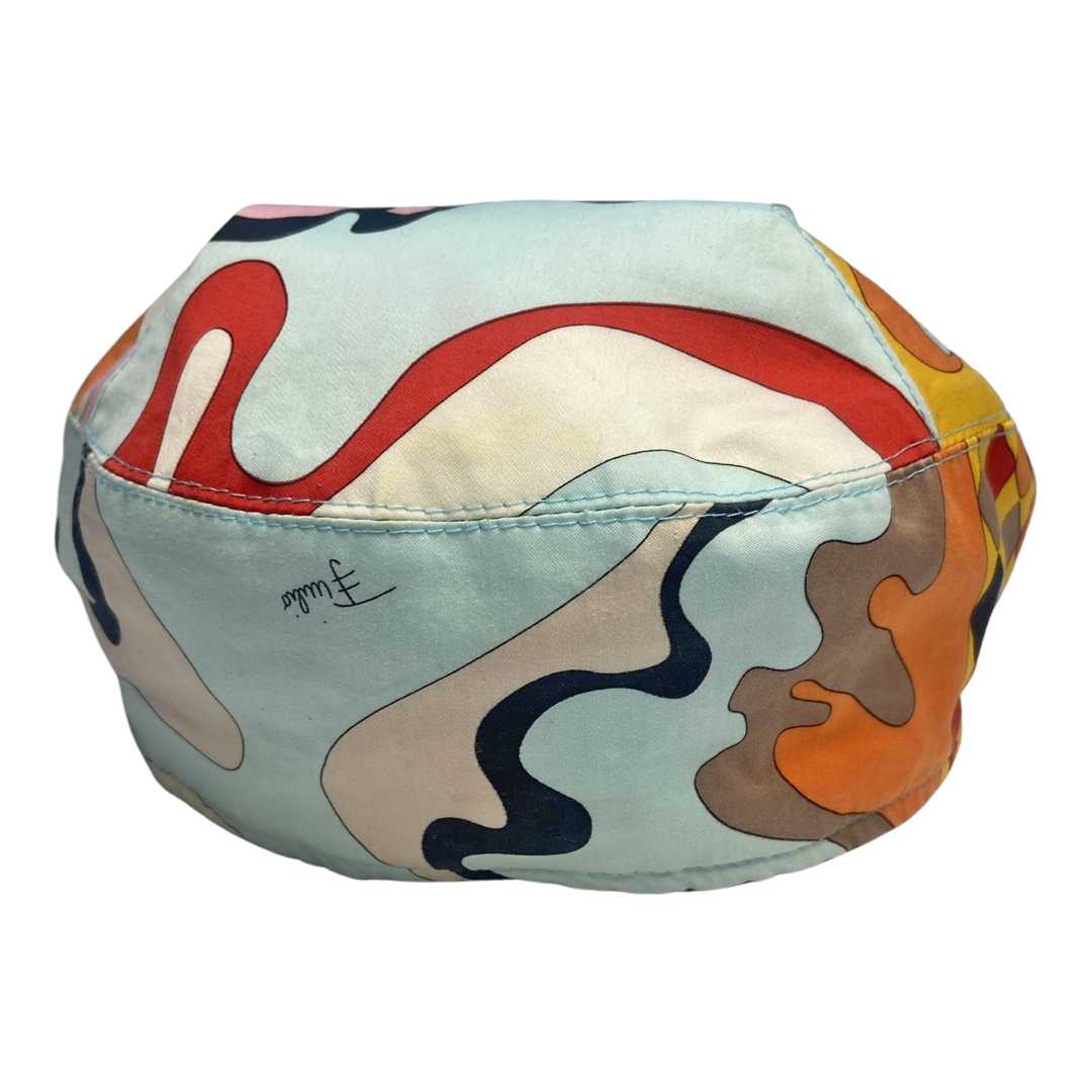 Pucci multicolor printed cotton cap in pink, white, powder blue, orange, black, burgundy with yellow grosgrain interior ribbon and yellow lining. Made in Italy