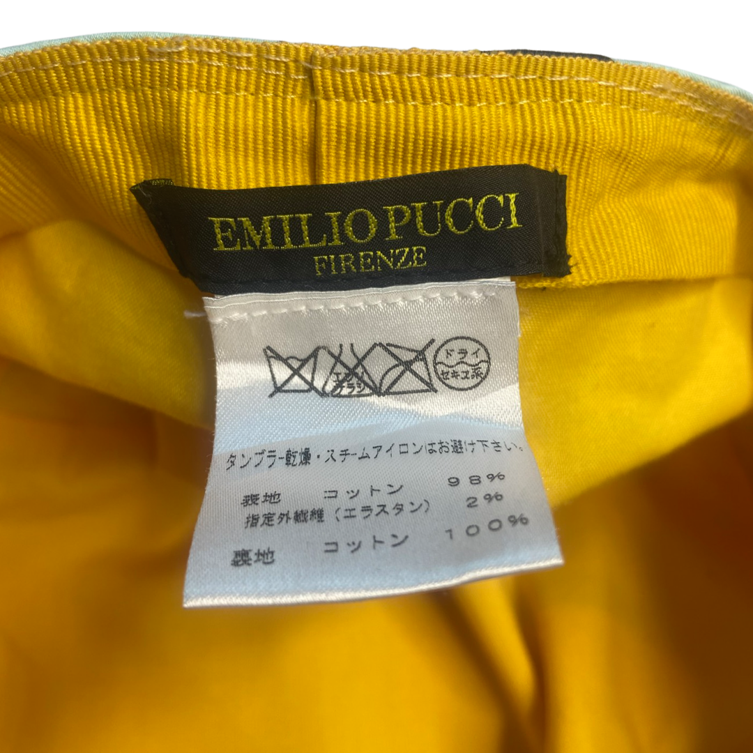 Pucci multicolor printed cotton cap in pink, white, powder blue, orange, black, burgundy with yellow grosgrain interior ribbon and yellow lining. Made in Italy