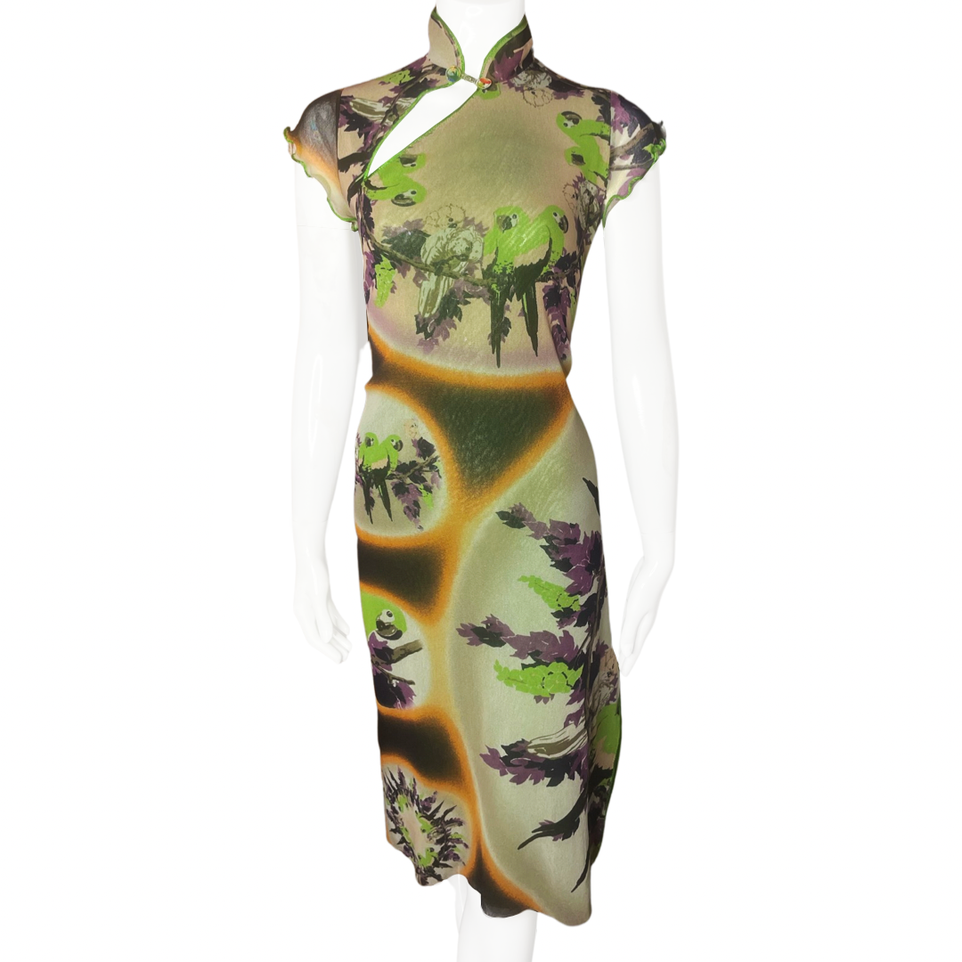 Jean Paul Gaultier Mesh Cheongsam Style Parrot Dress - M
