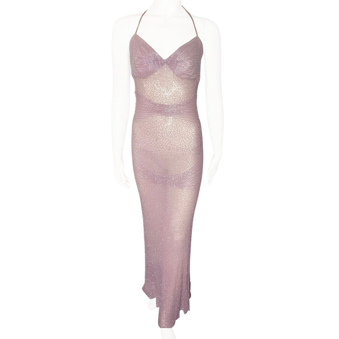 Vintage Lilac Sheer Beaded Halter Dress - S