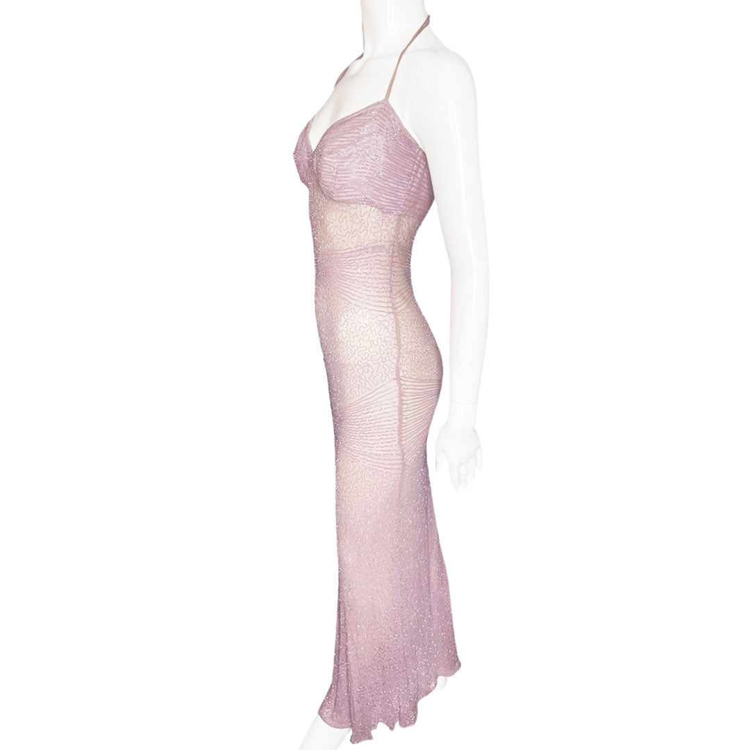 Vintage Lilac Sheer Beaded Halter Dress - S