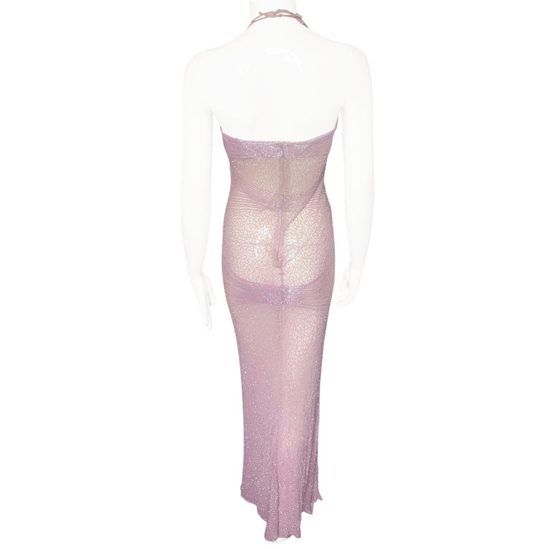 Vintage Lilac Sheer Beaded Halter Dress - S