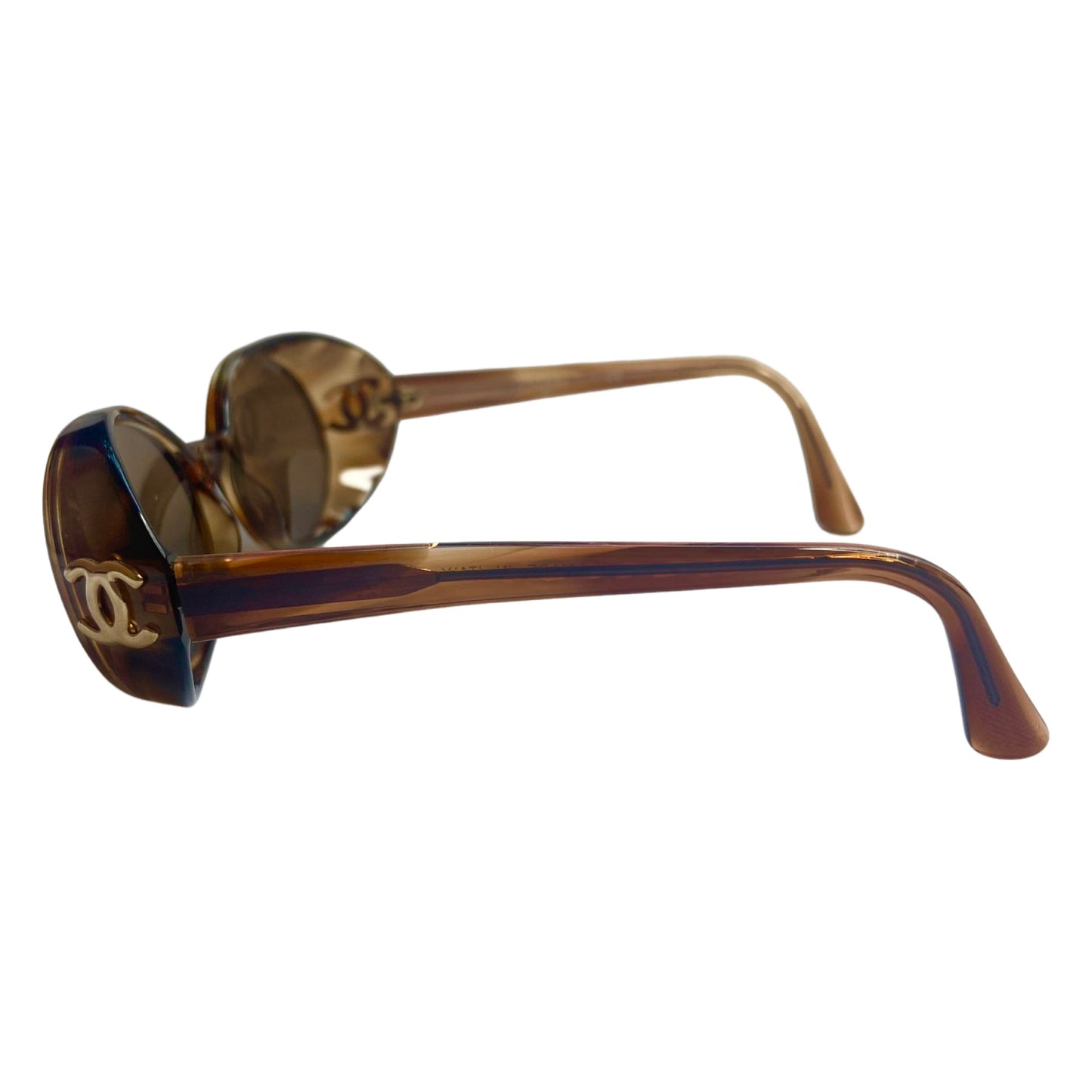 Chanel 1990’s oval tortoise acetate frame goggle sunglasses by Karl Lagerfeld for Chanel with dark brown lenses, interlocking CC gold logos at frame temple Frame Style: 05976 91235 Made in Italy