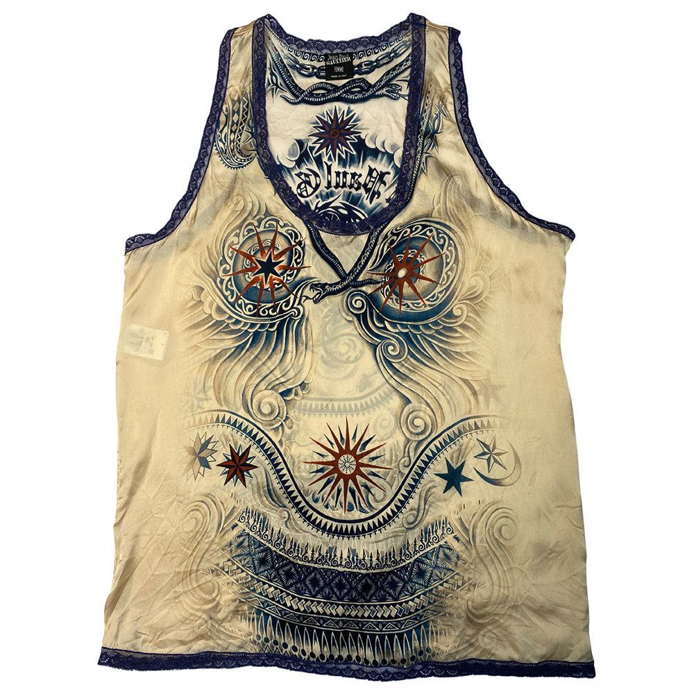 Jean Paul Gaultier mid 2000's Femme label camisole in delicate flowing printed silk trimmed with navy lace. Japanese inspired waves with stars, snakes, Jean Paul Gaultier and dragon printed in back. Made in Italy