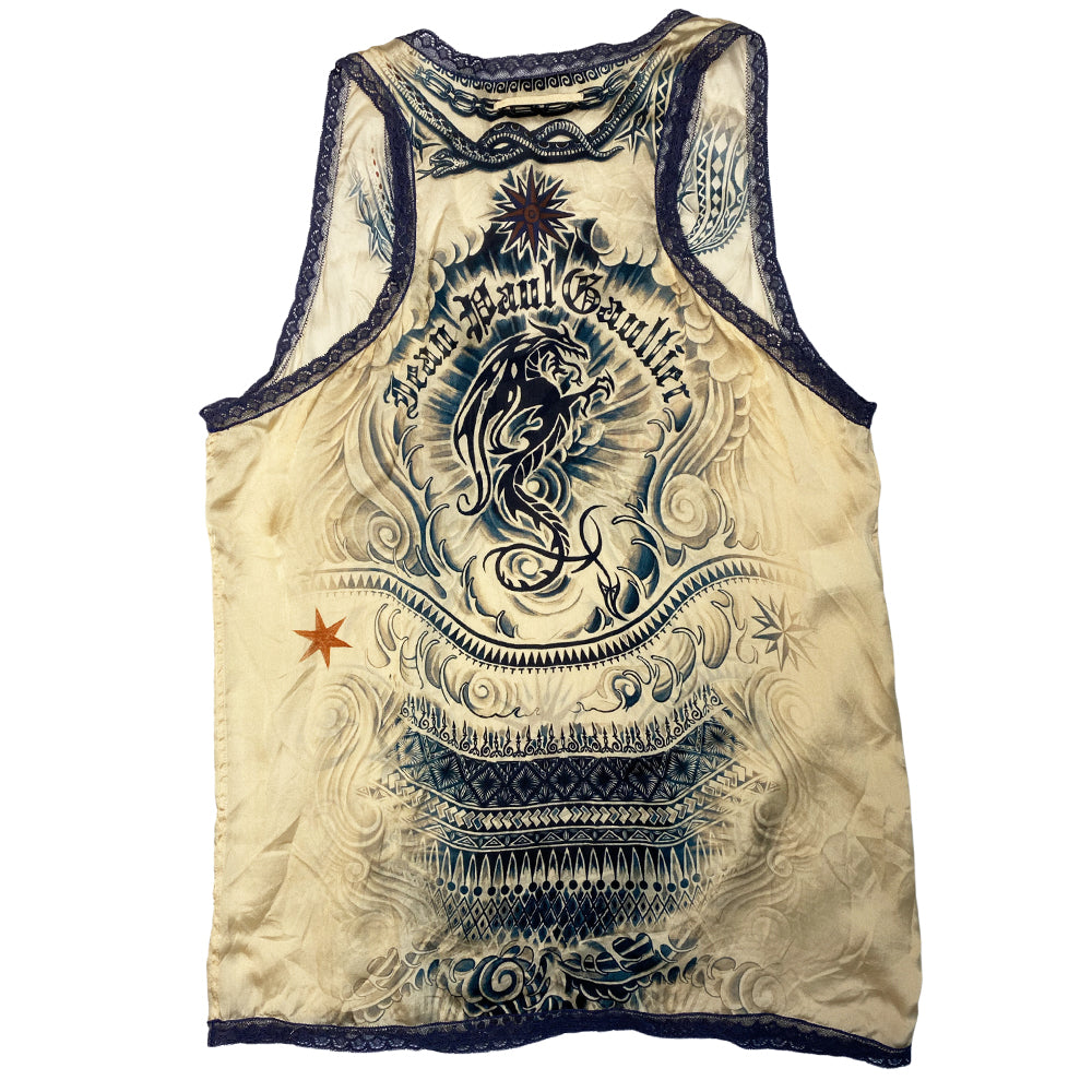 Jean Paul Gaultier mid 2000's Femme label camisole in delicate flowing printed silk trimmed with navy lace. Japanese inspired waves with stars, snakes, Jean Paul Gaultier and dragon printed in back. Made in Italy