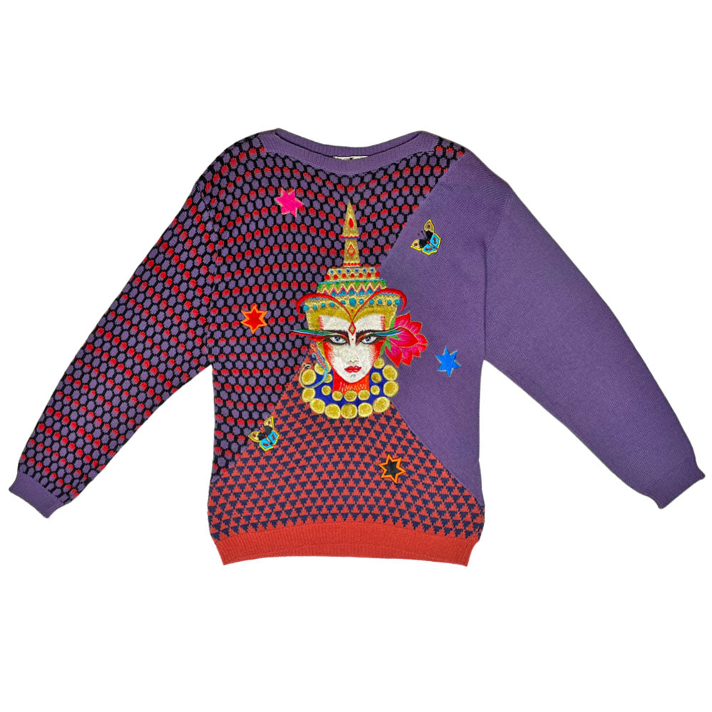 Rare 1980's Kansai Yamamoto purple & red butterfly knit sweater featuring large front embroidery with star and butterfly, embroidered patches throughout. Made in Japan