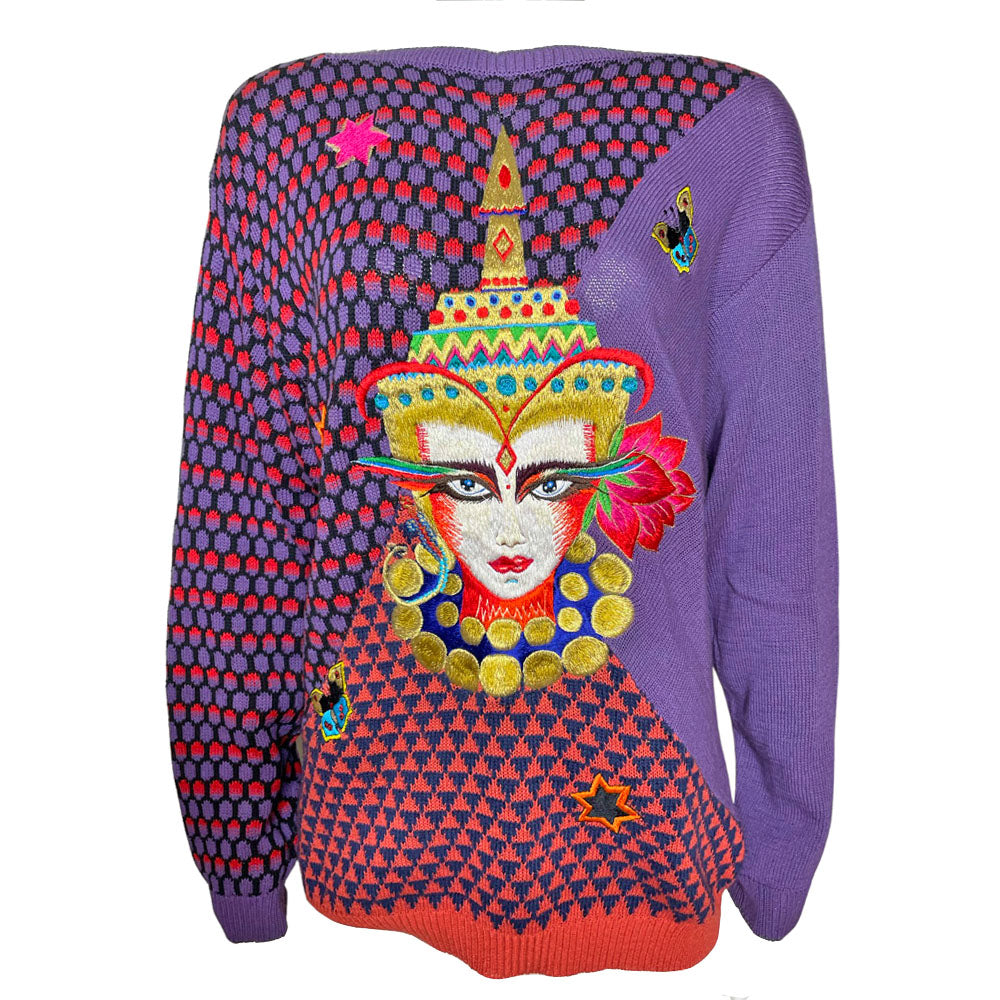 Rare 1980's Kansai Yamamoto purple & red butterfly knit sweater featuring large front embroidery with star and butterfly, embroidered patches throughout. Made in Japan