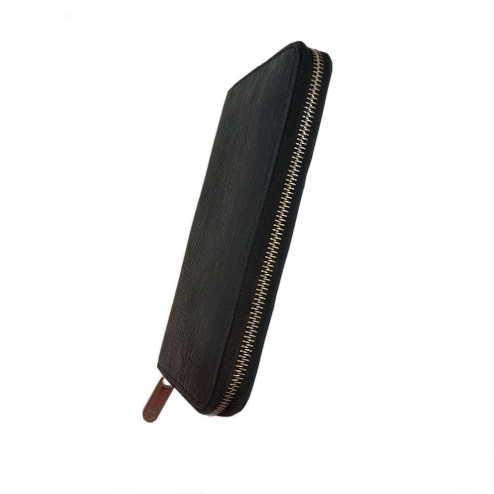 Louis Vuitton black epic Zippy Wallet from 2013. Silver-tone zipper and hardware 3 sided outer zipper with bill pocket, zipped coin pocket, 12 card slots, 3 open compartments with 1 bill slot. LV exterior heat stamp, engraved zipper pulls. Interior date code visible. Made in France 