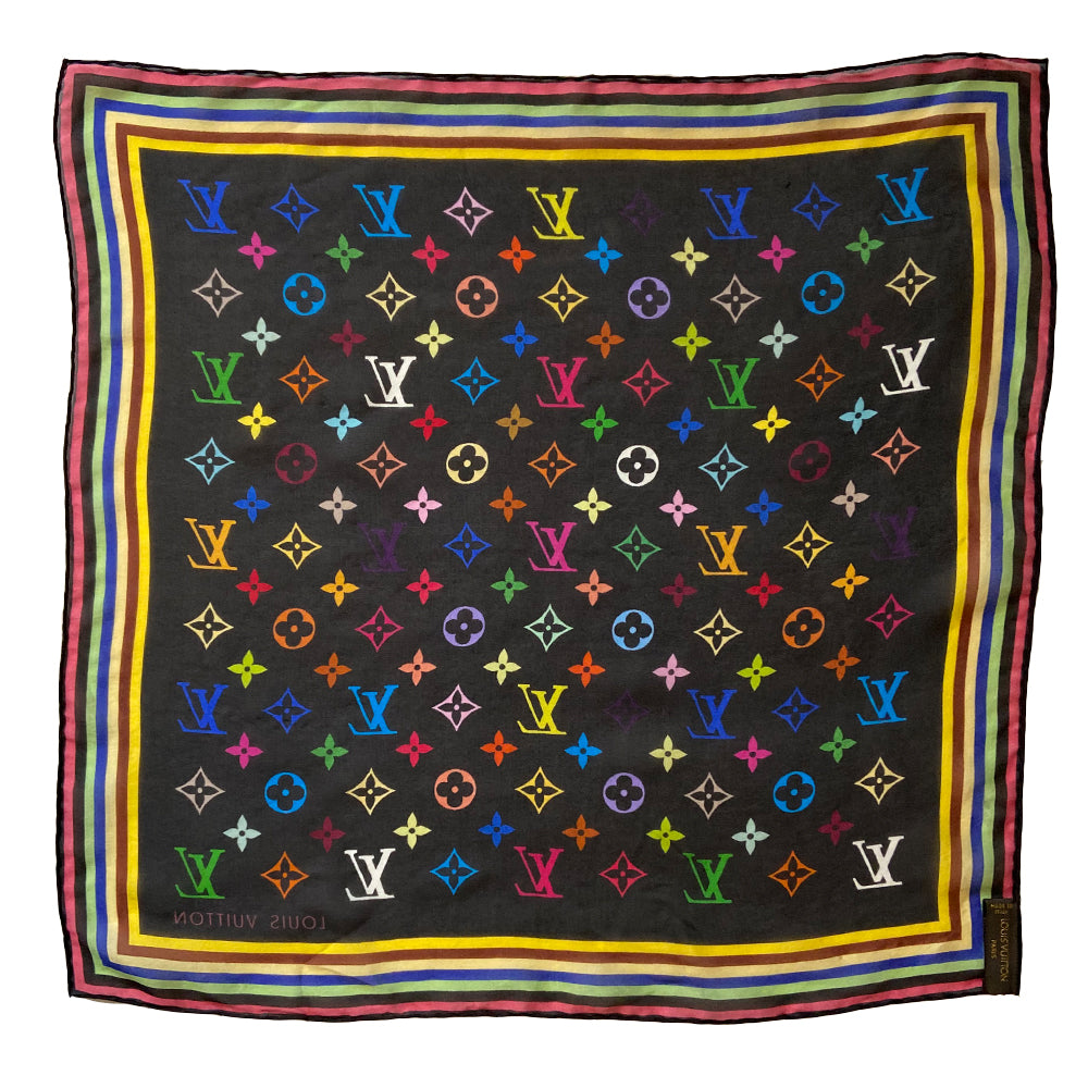 Louis Vuitton Multicolore scarf from Takashi Murakami for Louis Vuitton circa 2003. Multicolor Louis Vuitton monogram square scarf in 33 vibrant colors on black background with striped border. Fabric: 100% Silk Toile Condition: Excellent Made in Italy Length (in) 17" Width (in) 17"