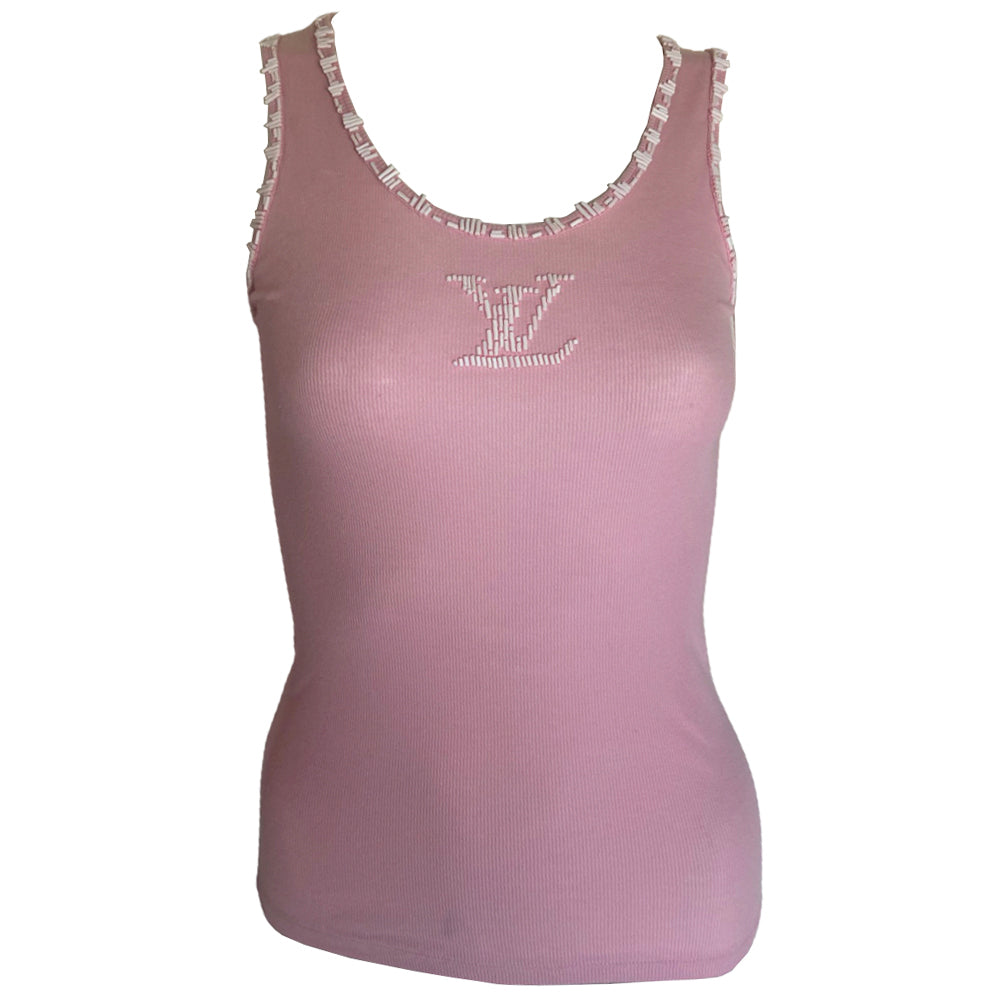 Louis Vuitton pink rib knit tank top with white beaded LV logo at center chest and accent at neckline and around arm holes by Marc Jacobs for Louis Vuitton. Made in Italy