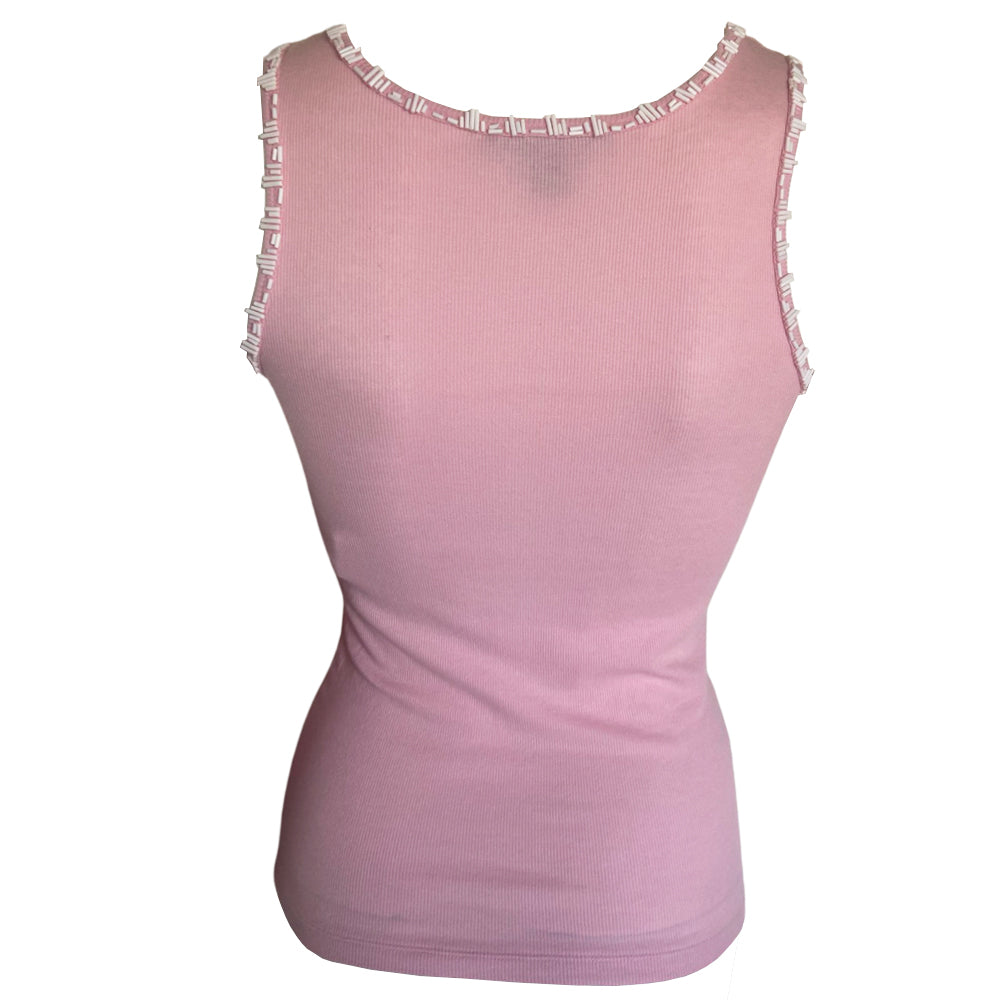 Louis Vuitton pink rib knit tank top with white beaded LV logo at center chest and accent at neckline and around arm holes by Marc Jacobs for Louis Vuitton. Made in Italy