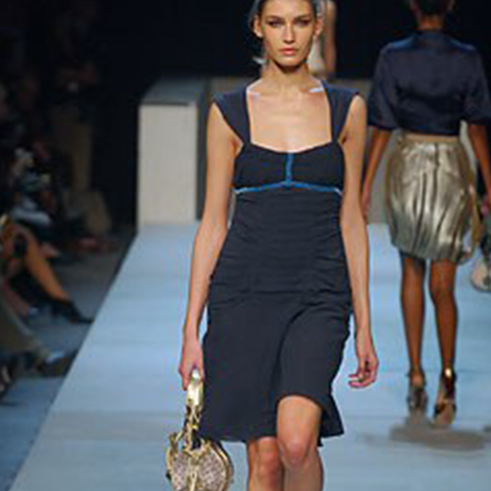 Louis Vuitton 2004 Runway Collection Khaki dress by Marc Jacobs spring collection for Gathered straps with gathered bodice, velvet trim front and back. Hand stitched pleated body with ruching in back and ruffled back hem. Back gold-tone zipper closure beneath exposed exterior ribbon. Fully lined in 100% Linen.