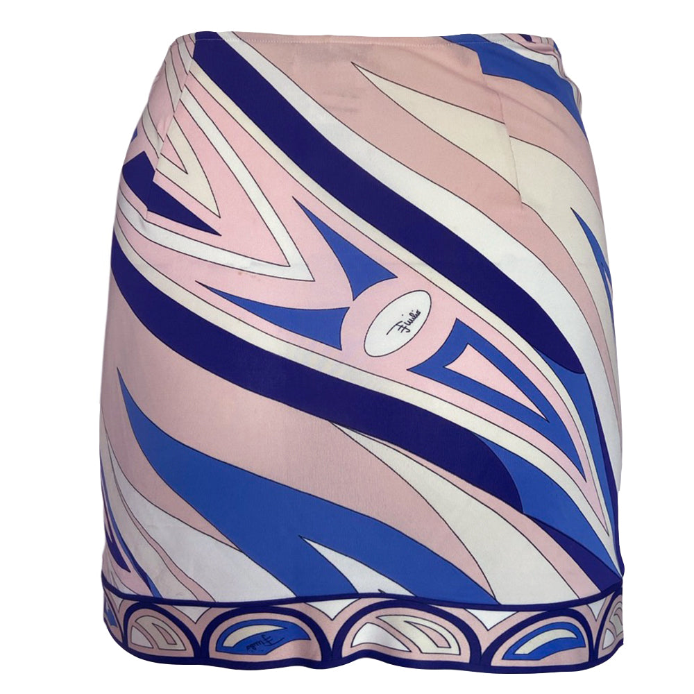 Emilio Pucci 100% rayon mini skirt in cream, navy, blue and pink with invisible side zipper.