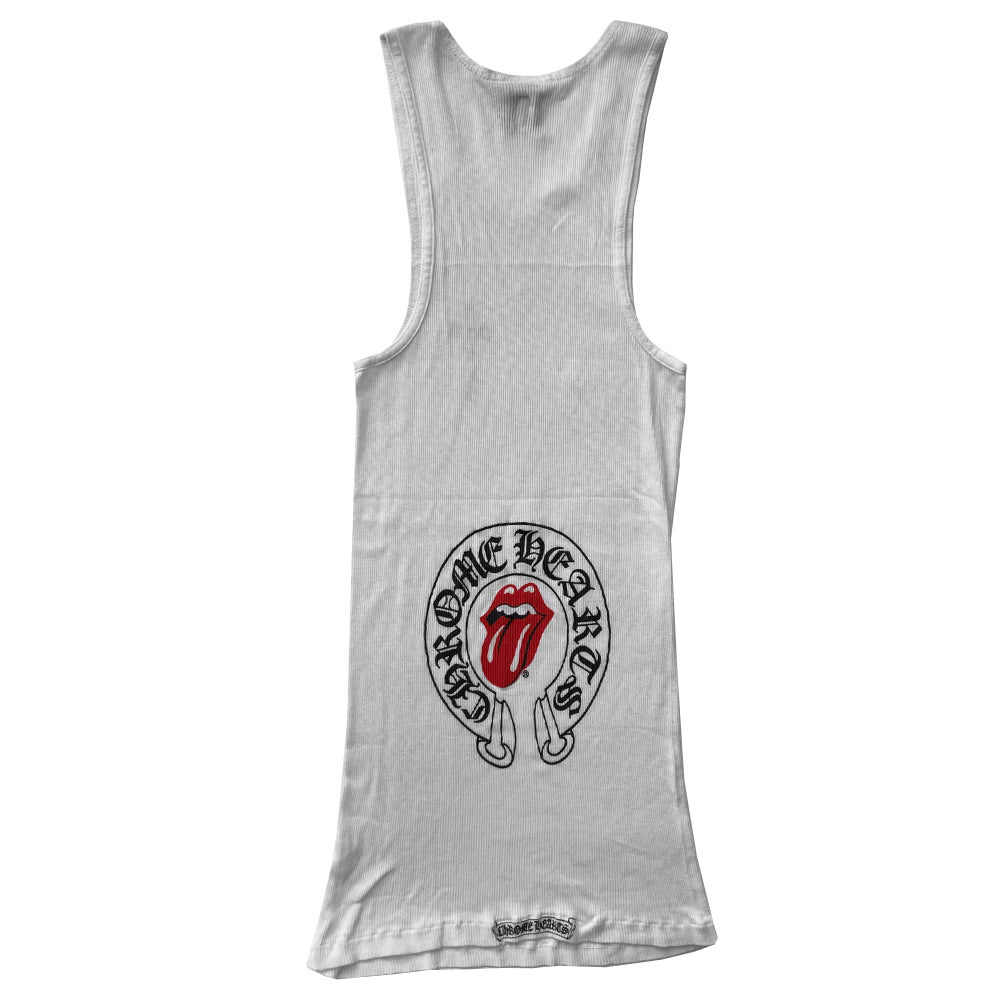 Chrome Hearts White Rolling Stones tank From 2002 collection. Rib knit tank with Rolling Stones red "Hot Lips" front cross design with Chrome Hearts logo banner surrounding single red hot lips design in back. Made in USA