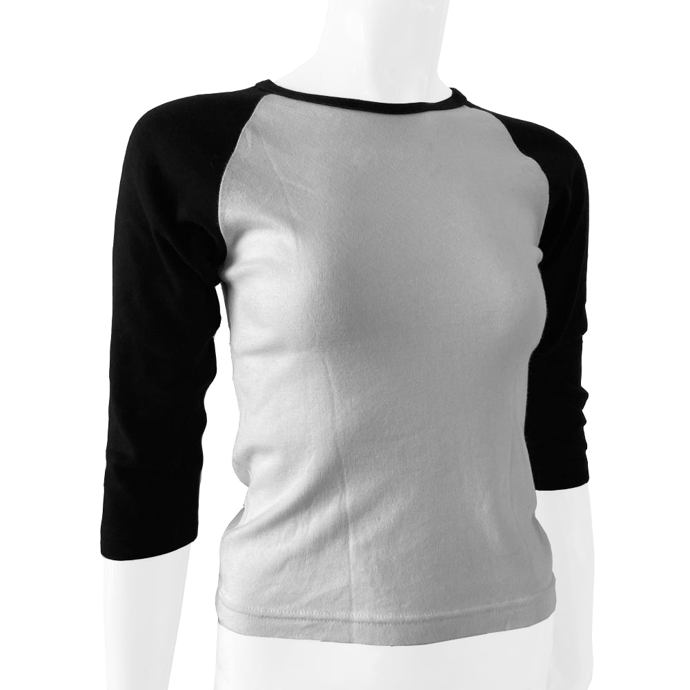 Chrome Hearts multi cross two-tone white with black baseball tee Circa early 2000's with crew neck 3/4 sleeve with multi crosses in back, Chrome Hears logo banner at lower back hemline. Made in USA