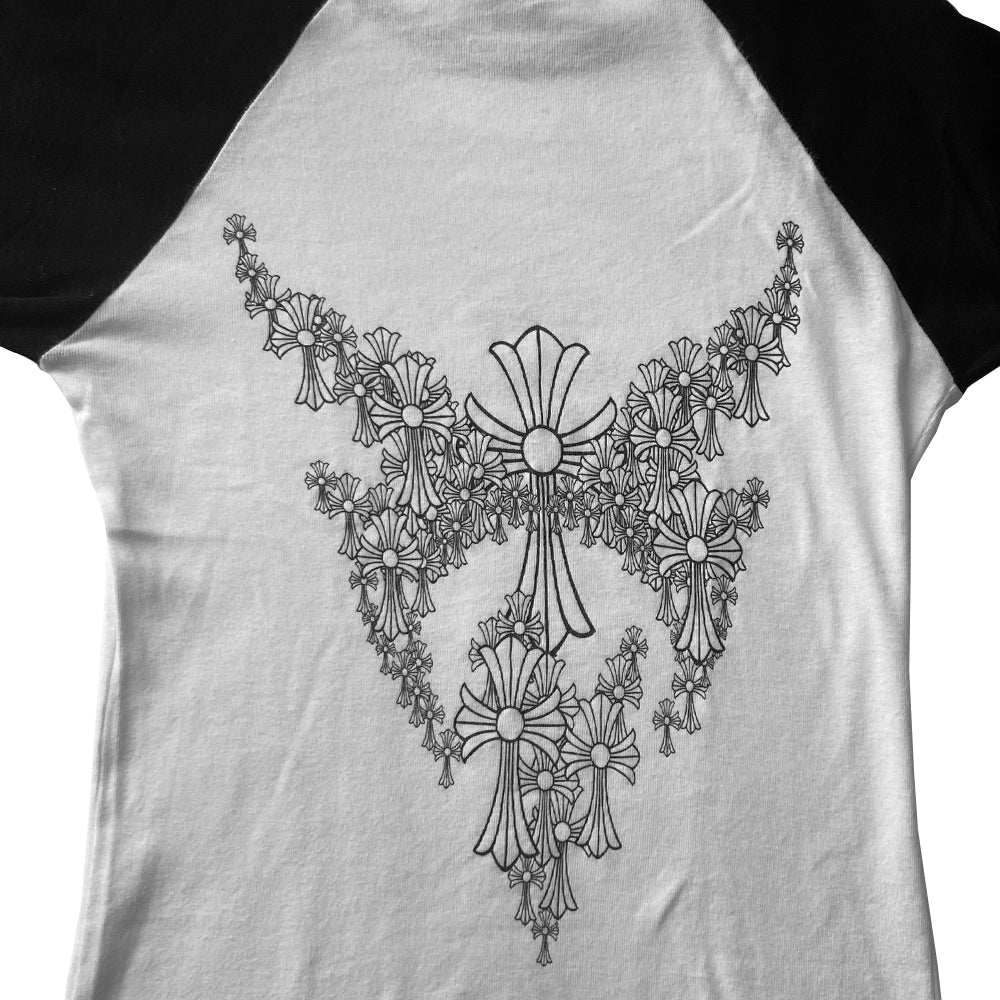 Chrome Hearts multi cross two-tone white with black baseball tee Circa early 2000's with crew neck 3/4 sleeve with multi crosses in back, Chrome Hears logo banner at lower back hemline. Made in USA