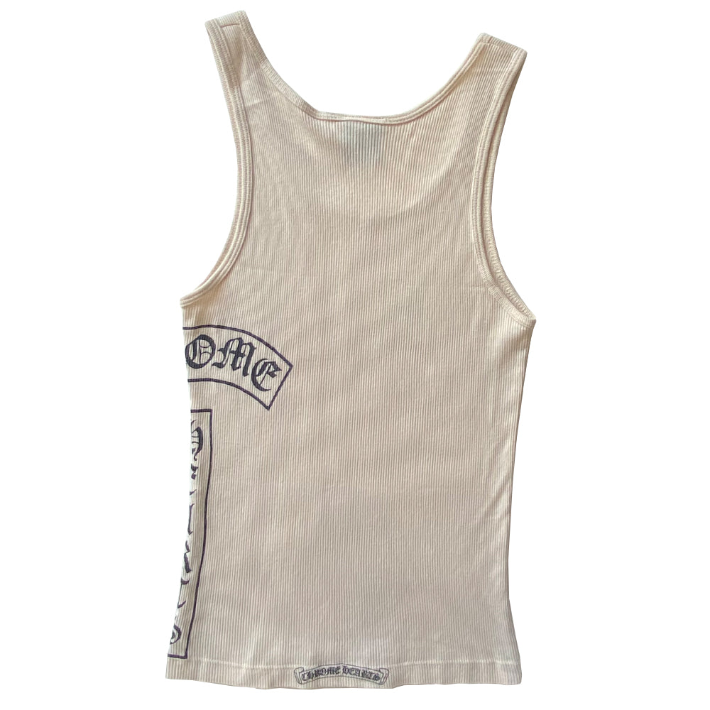 Chrome Hearts beige with black print cross tank circa early 2000’s with front cross at chest and Chrome Hearts logo at side, scroll logo at back hem. Made in USA