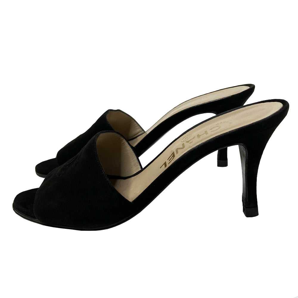 Chanel black black suede open toe heels with stitched CC interlocking logo and suede heels. Leather insole and bottom sole with new heel taps.Size: 36. Made in Italy. Heel height 3"