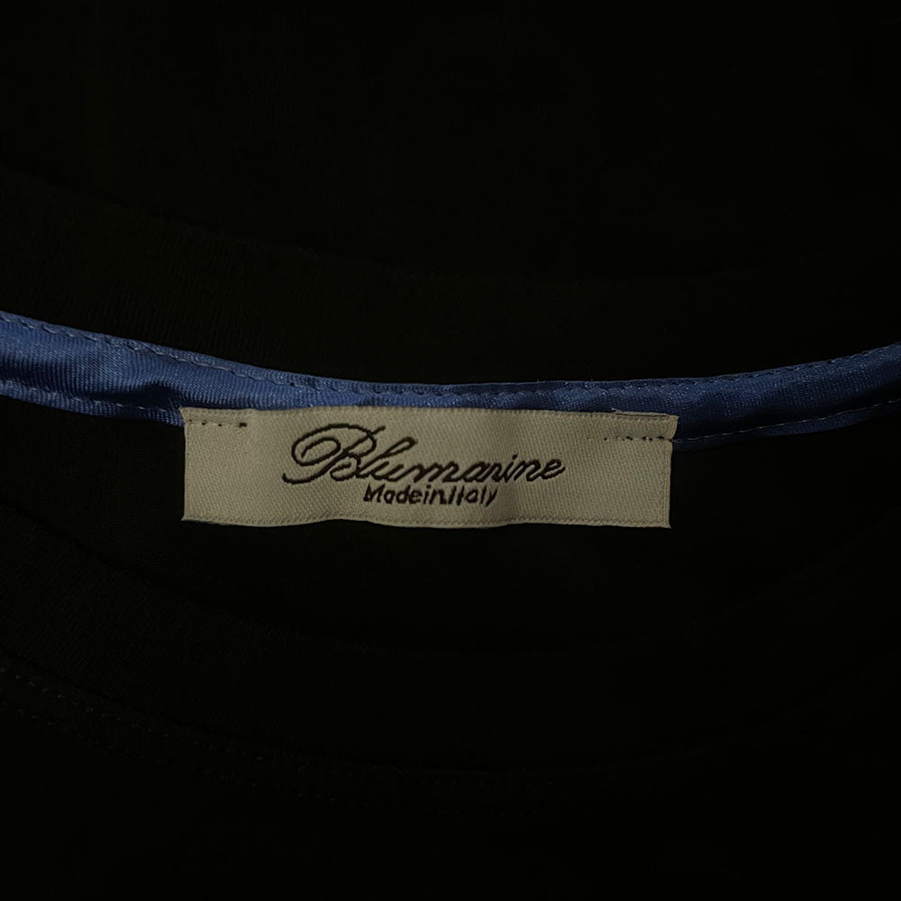 Y2K Blumarine long sleeve black top with classic B logo with cursive Blumarine script embellished with tiny bronze and large white Swarovski crystals, soft stretch fabric sleeves. Made in Italy