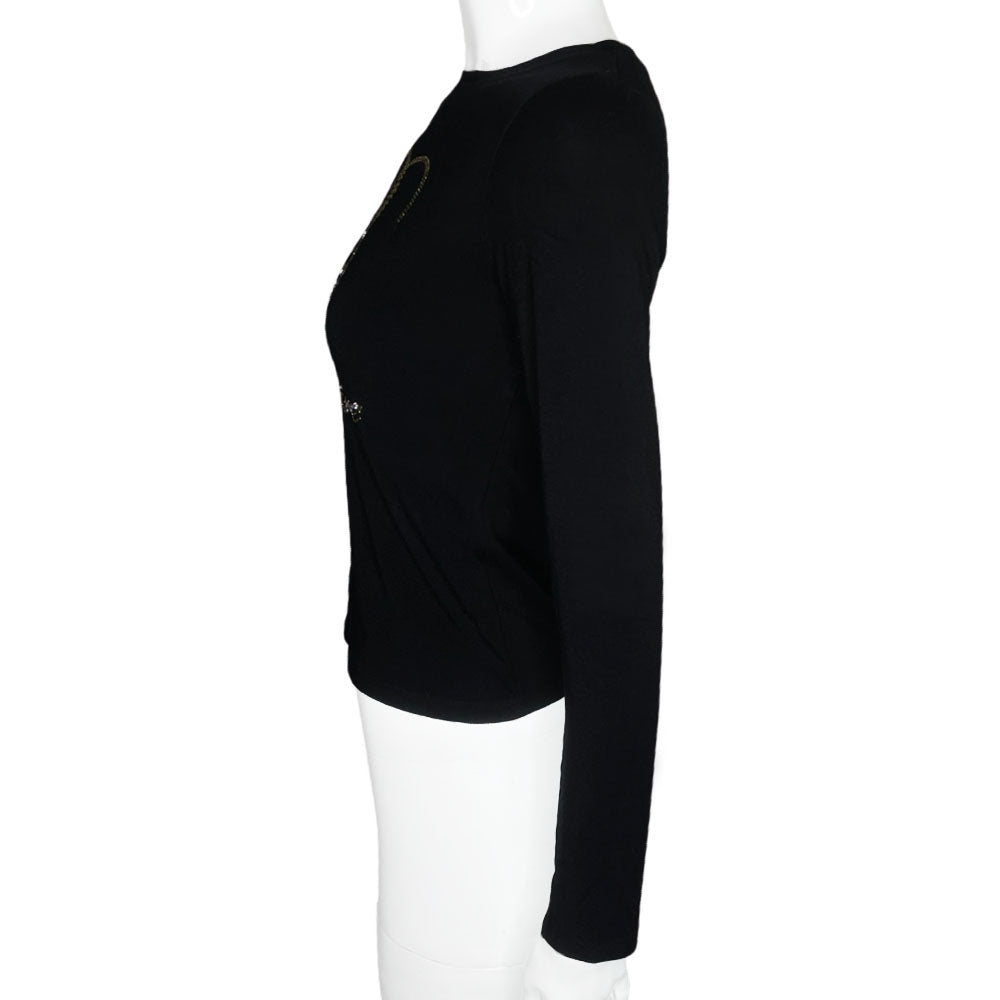 Y2K Blumarine long sleeve black top with classic B logo with cursive Blumarine script embellished with tiny bronze and large white Swarovski crystals, soft stretch fabric sleeves. Made in Italy