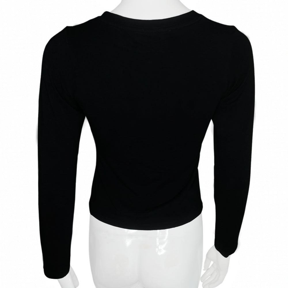 Y2K Blumarine long sleeve black top with classic B logo with cursive Blumarine script embellished with tiny bronze and large white Swarovski crystals, soft stretch fabric sleeves. Made in Italy