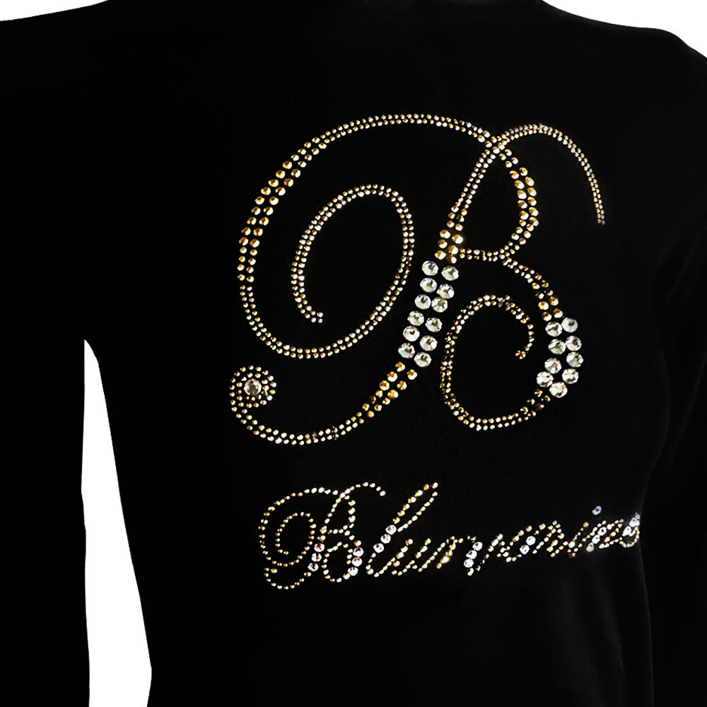 Y2K Blumarine long sleeve black top with classic B logo with cursive Blumarine script embellished with tiny bronze and large white Swarovski crystals, soft stretch fabric sleeves. Made in Italy