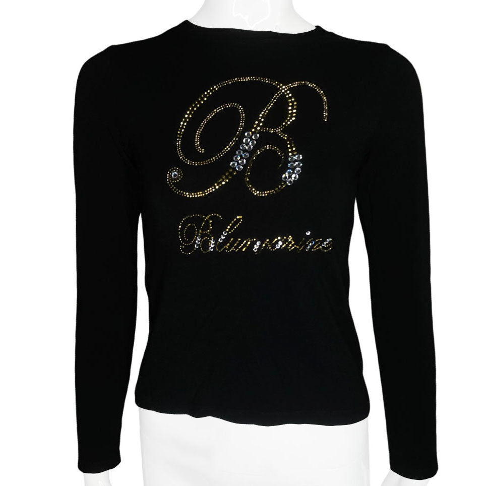 Y2K Blumarine long sleeve black top with classic B logo with cursive Blumarine script embellished with tiny bronze and large white Swarovski crystals, soft stretch fabric sleeves. Made in Italy