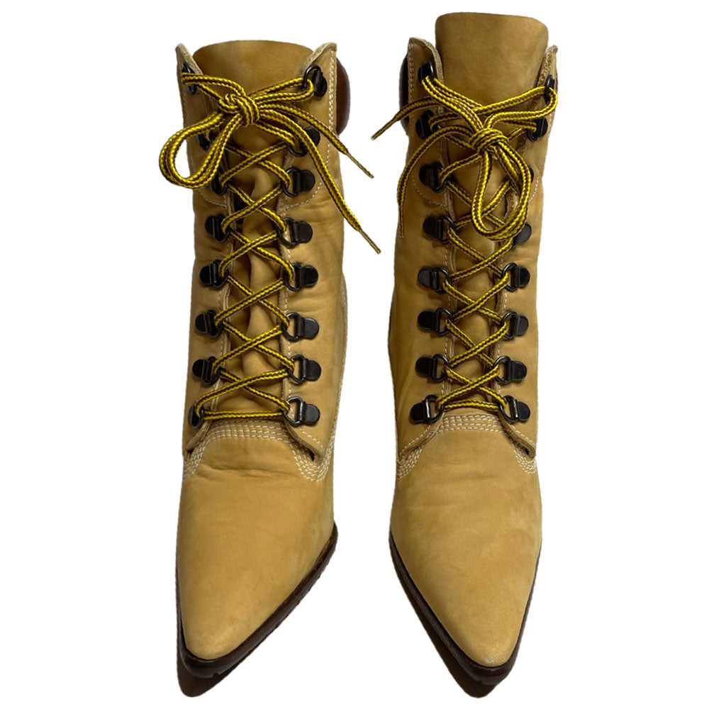 Manolo Blahnik tan nubuck laced high heeled Oklamod Timberland style ankle boot circa 2002 with brown leather back, Vibram tread sole. Made in Italy