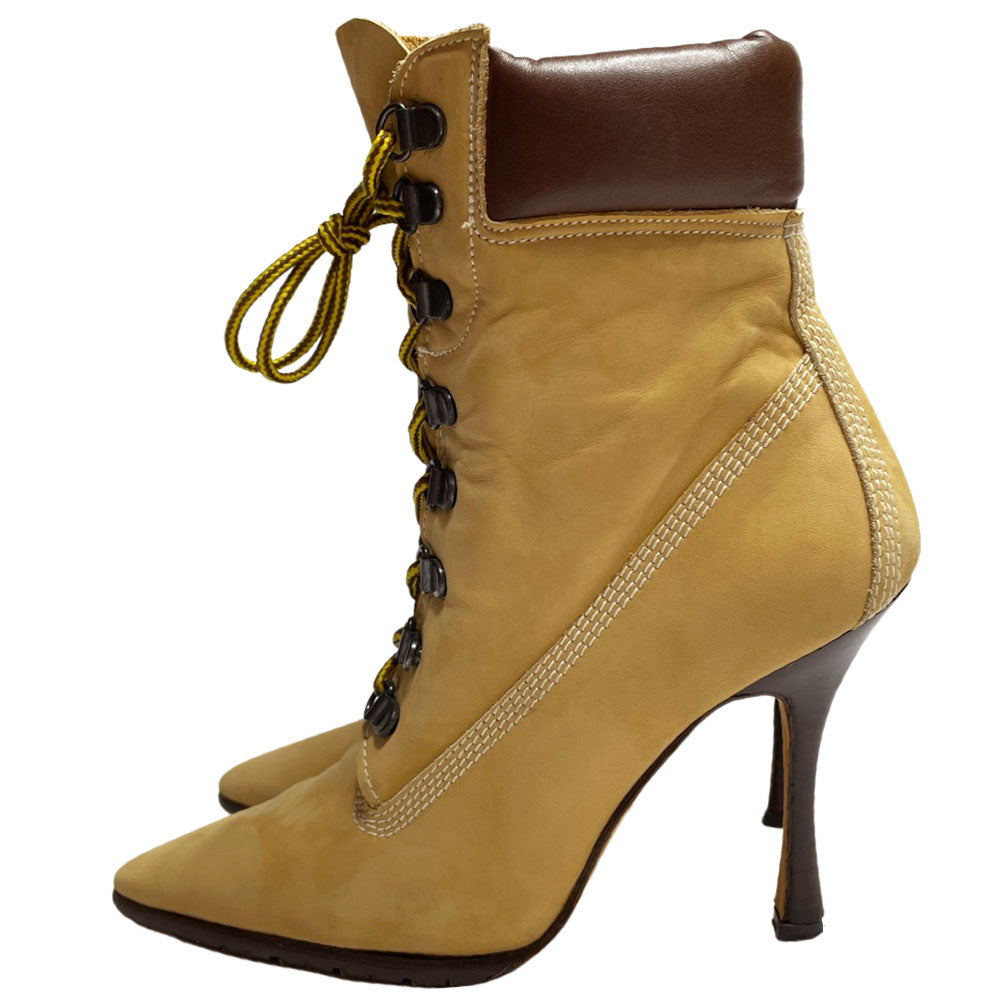 Manolo Blahnik tan nubuck laced high heeled Oklamod Timberland style ankle boot circa 2002 with brown leather back, Vibram tread sole. Made in Italy