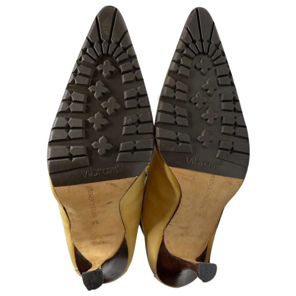 Manolo Blahnik tan nubuck laced high heeled Oklamod Timberland style ankle boot circa 2002 with brown leather back, Vibram tread sole. Made in Italy