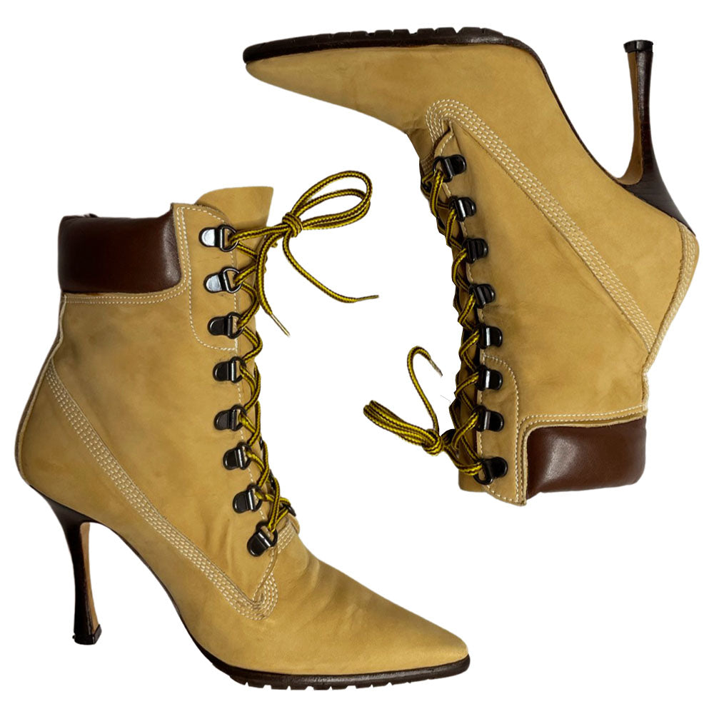 Manolo Blahnik tan nubuck laced high heeled Oklamod Timberland style ankle boot circa 2002 with brown leather back, Vibram tread sole. Made in Italy