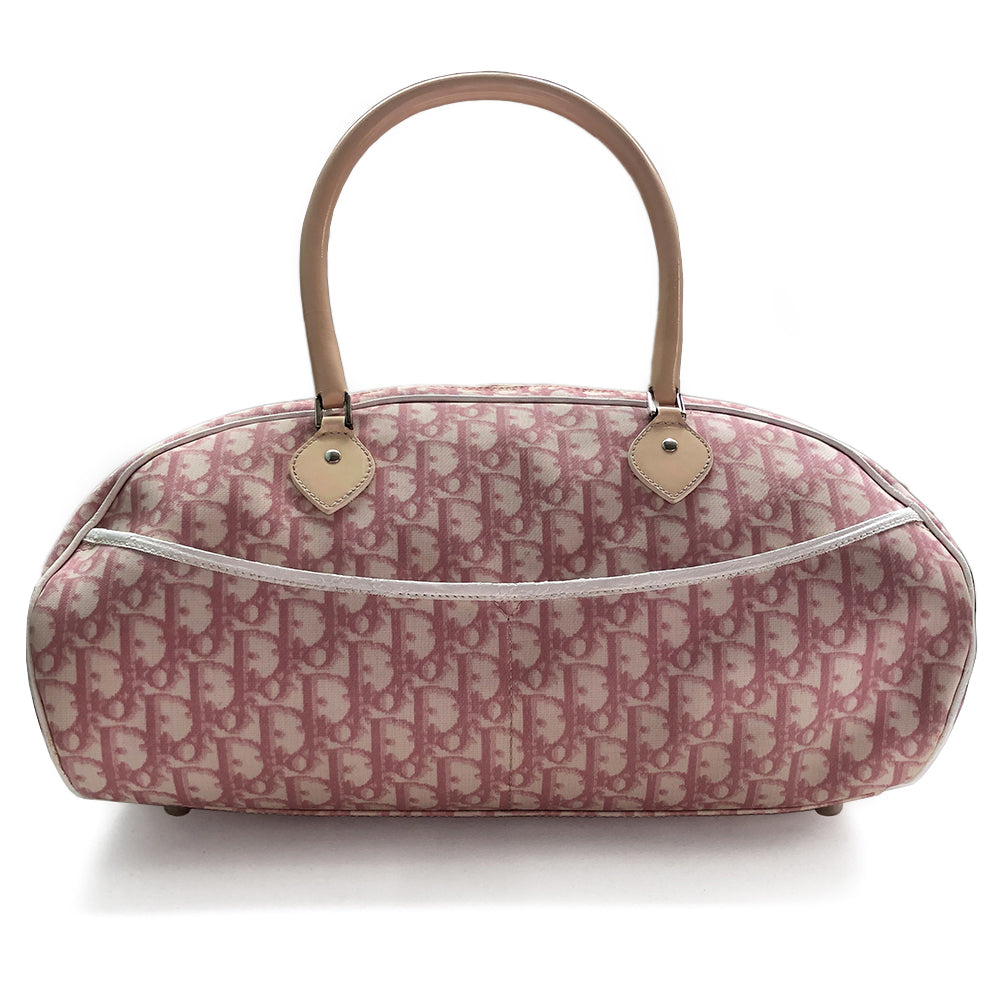 Christian Dior large tote by John Galliano, 2004. Pink monogram canvas with white leather piping, nude patent leather accent trim and number 1 on front, 2 leather rolled handles