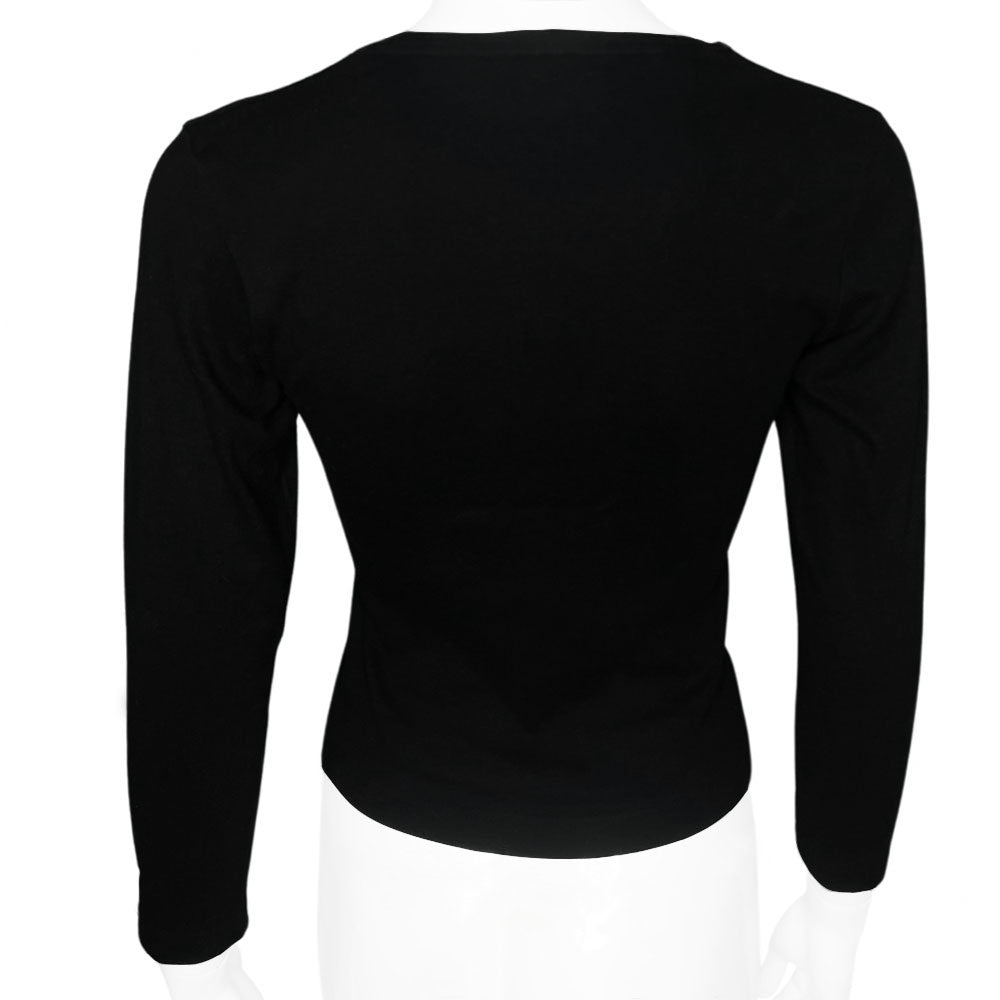 Long sleeved black tee with front red and silver mirror image graphic of two girls with guns and "Freedom Roberto Cavalli" printed in gothic lettering. Made in Italy