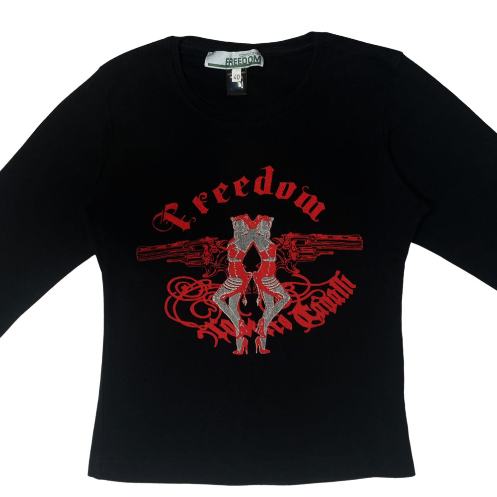 Long sleeved black tee with front red and silver mirror image graphic of two girls with guns and "Freedom Roberto Cavalli" printed in gothic lettering. Made in Italy