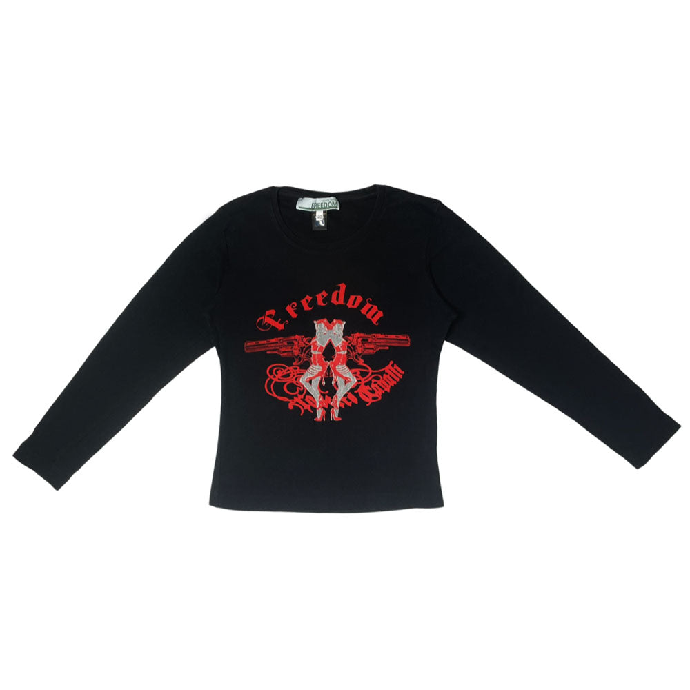 Long sleeved black tee with front red and silver mirror image graphic of two girls with guns and "Freedom Roberto Cavalli" printed in gothic lettering. Made in Italy